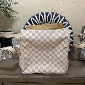 Auth Louis Vuitton DamierAzur Naviglio Shoulder Cross Body White and Grey Bag